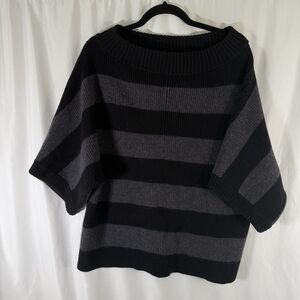 Tory Burch Sweater Women's Large Black Grey Striped 100% Wool Knit 1/2 Sleeve